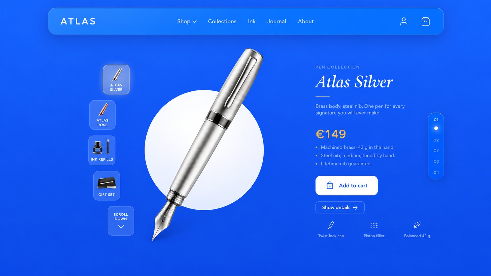 Store concept: a pen on a white disc, variant and accessory tiles, price and cart