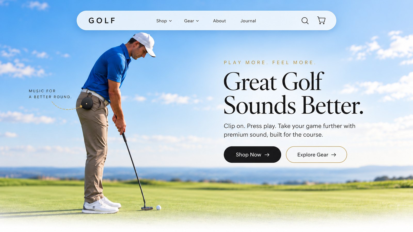Store concept: a golfer on the course, a speaker clipped to his belt, a floating menu